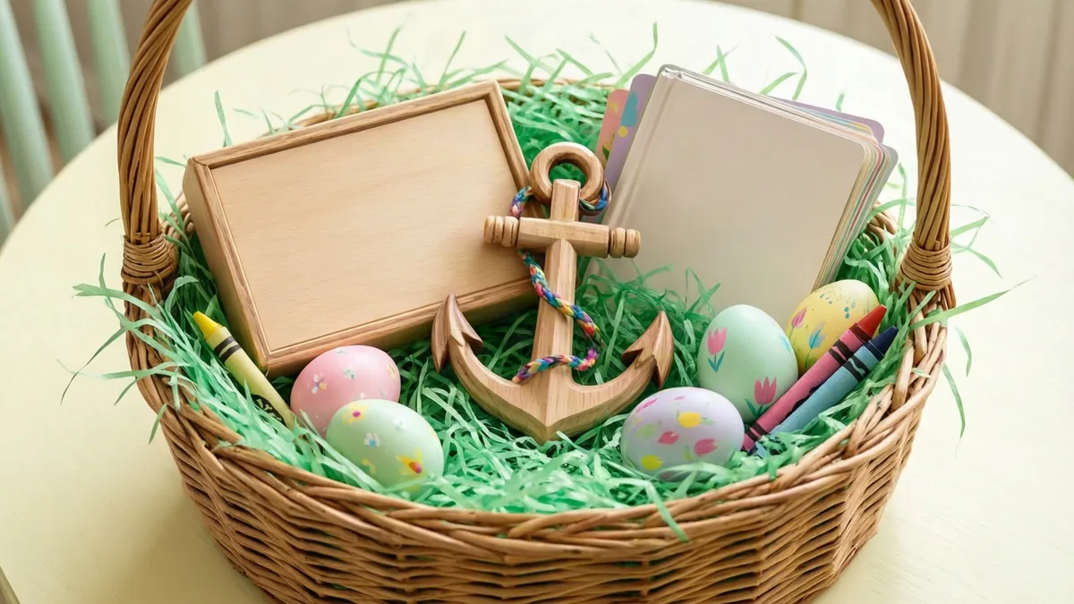 A wicker basket on a table holds green paper grass, a wooden box, an anchor, pastel eggs, crayons, and a notebook.