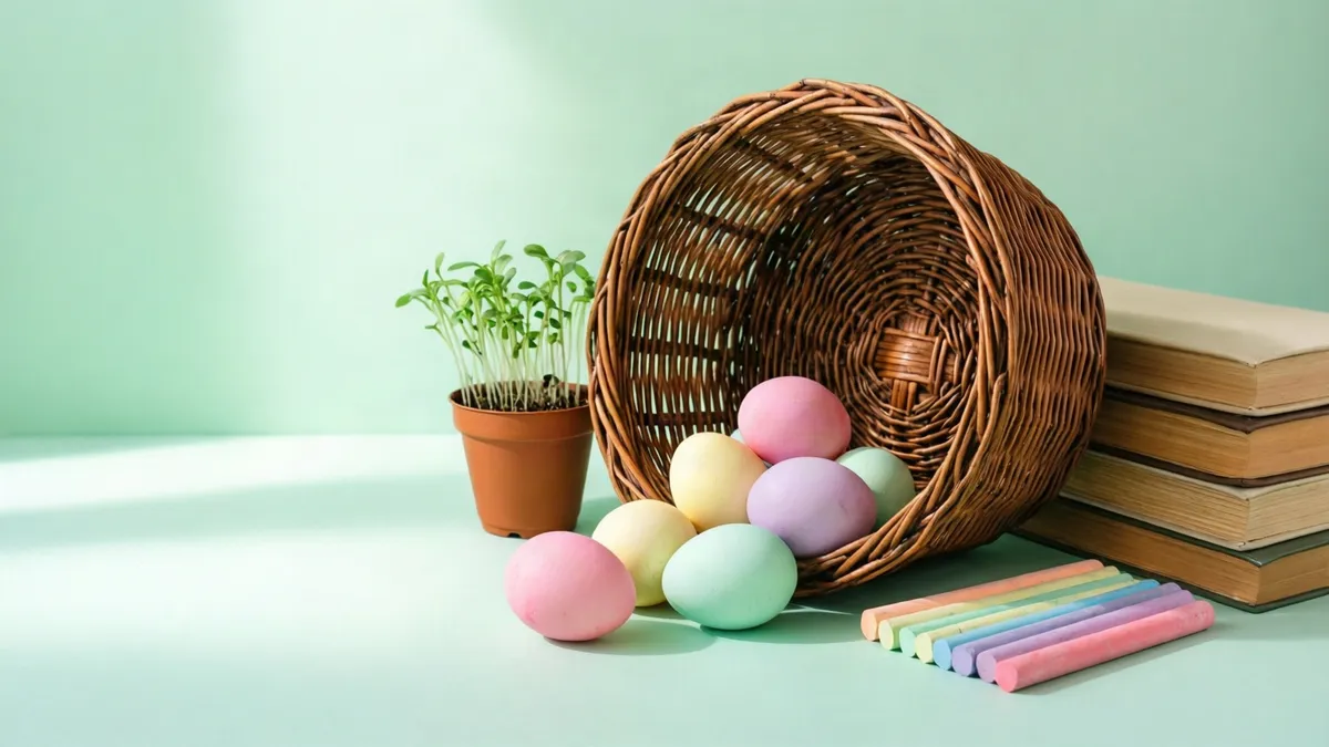 A wicker basket tipped on its side on a pale green surface with pastel eggs spilling out, a small pot of seedlings, a row of colored chalk sticks and a stack of plain books