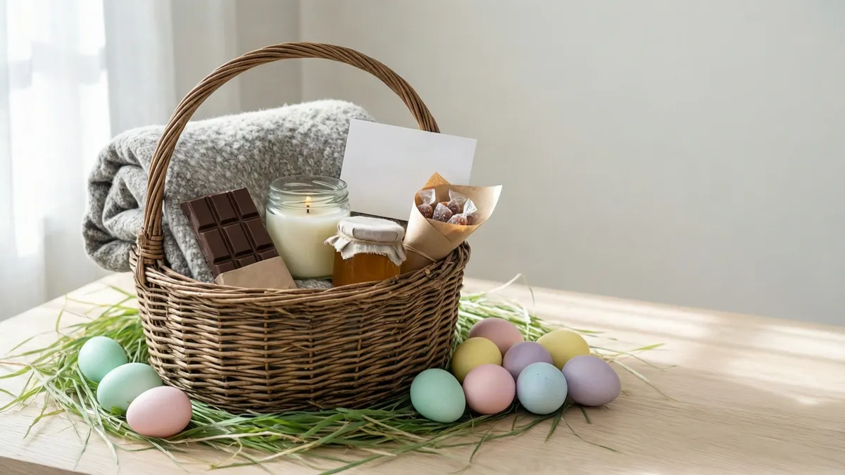 A woven wicker basket holds a grey blanket, chocolate bar, candle, and jar, surrounded by pastel eggs and green grass on a light wooden table.