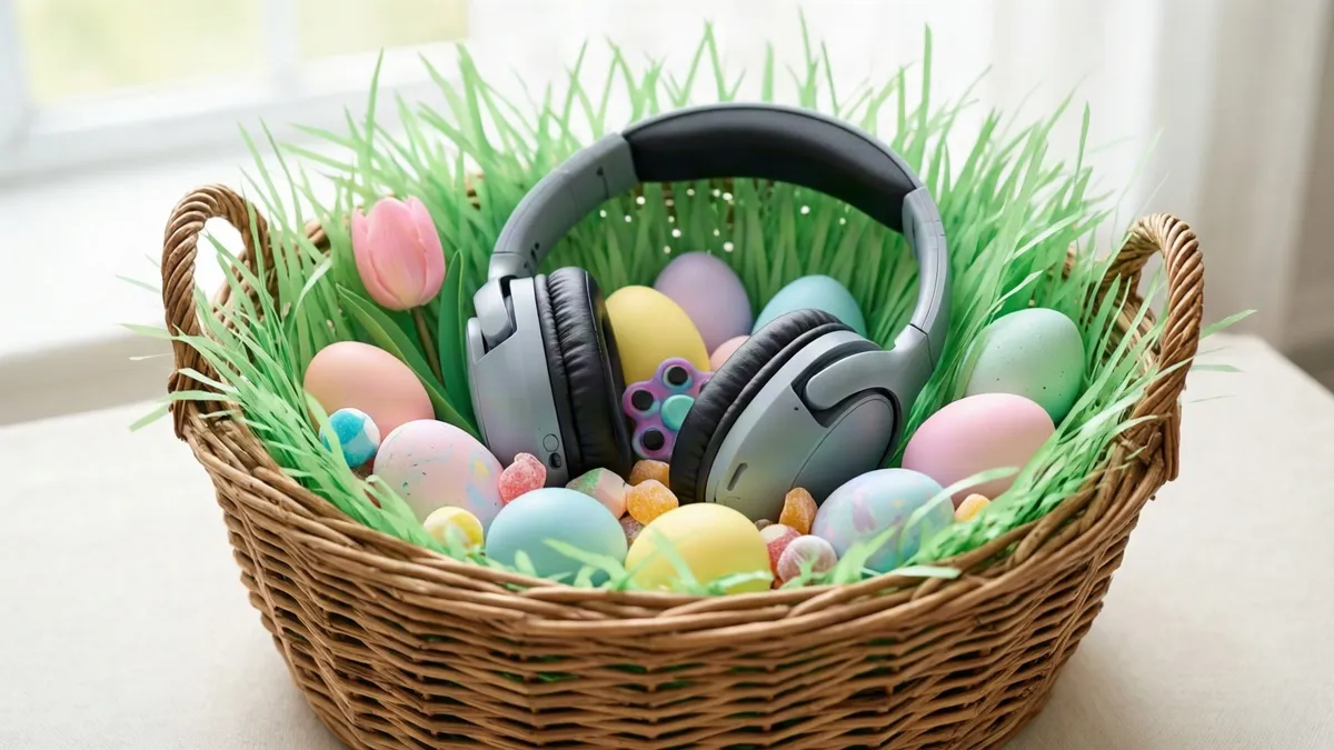 Grey headphones rest among green grass, pastel eggs, a pink tulip, and candies inside a brown woven basket.