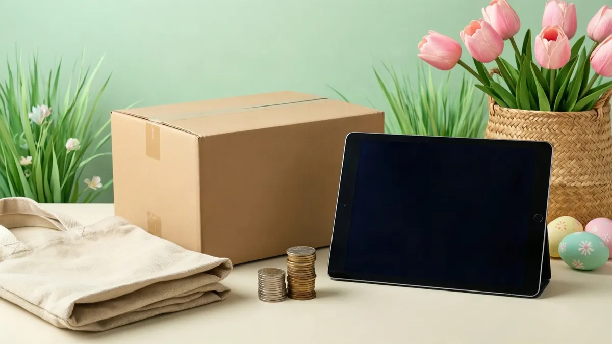 Folded beige bag, cardboard box, and coin stacks sit beside a black tablet, pastel eggs, and a basket of pink tulips.