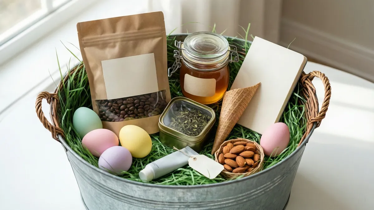 A galvanized metal bucket holds green grass, pastel eggs, a brown paper bag, a glass jar of honey, a tin of tea, an ice cream cone, almonds, and a.