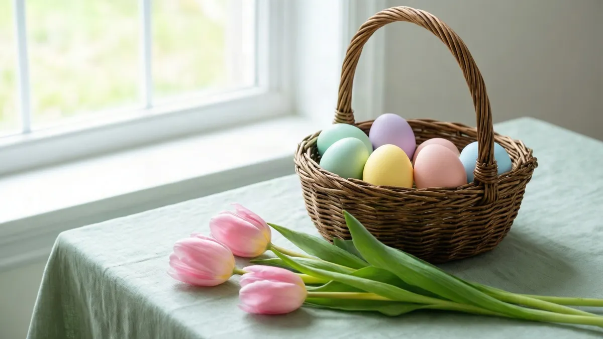 A wicker basket holding six pastel-dyed eggs on a mist-green tablecloth beside a bright window, with three pink tulips lying in front